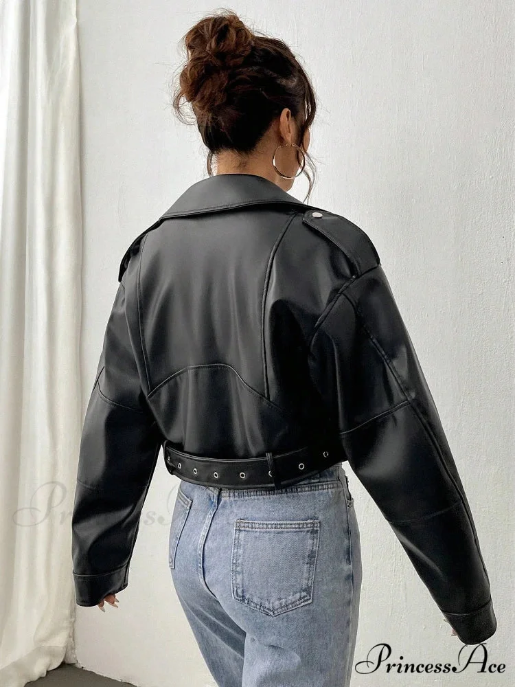 Spring Autumn Casual Lapel Zipper PU Leather High Street Motorcycle Jacket - Image 6