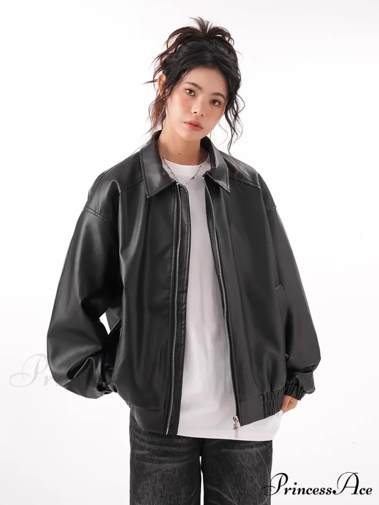 Faux PU Leather Vintage Long Sleeve Lapel Zipper Autumn Fashion Jacket - Image 2