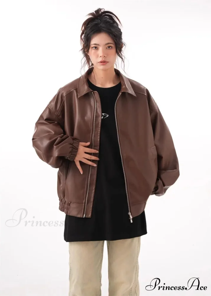 Faux PU Leather Vintage Long Sleeve Lapel Zipper Autumn Fashion Jacket - Image 3