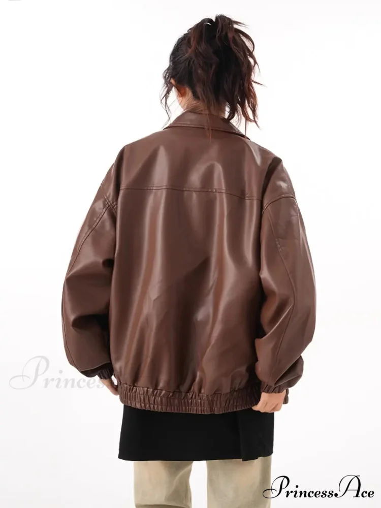 Faux PU Leather Vintage Long Sleeve Lapel Zipper Autumn Fashion Jacket - Image 4