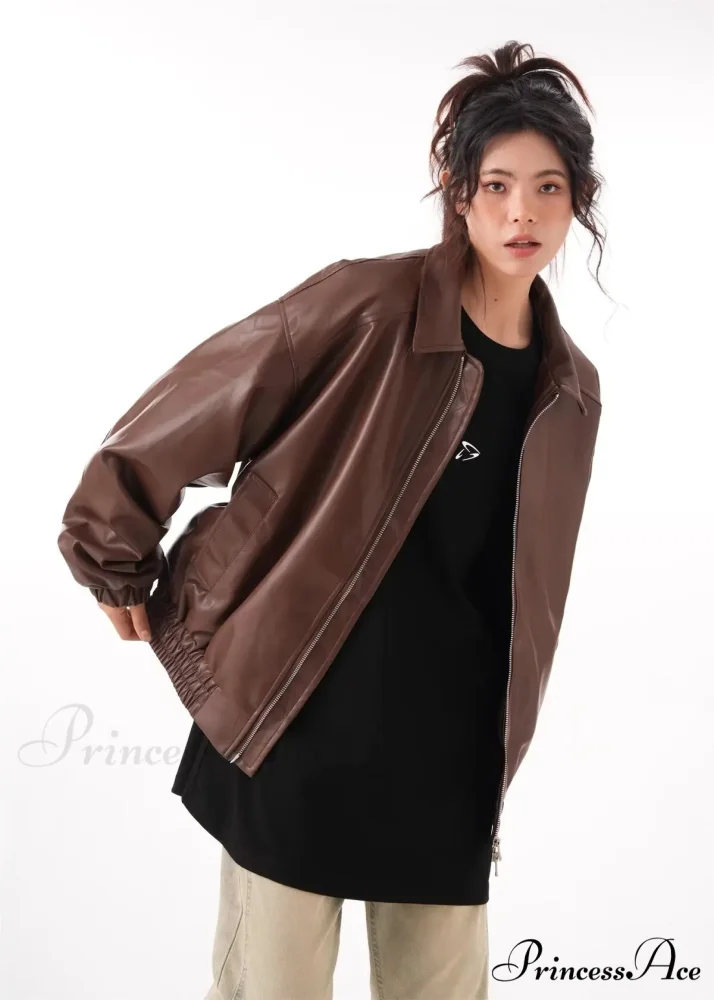 Faux PU Leather Vintage Long Sleeve Lapel Zipper Autumn Fashion Jacket - Image 5