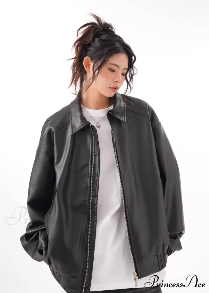 Faux PU Leather Vintage Long Sleeve Lapel Zipper Autumn Fashion Jacket - Image 6