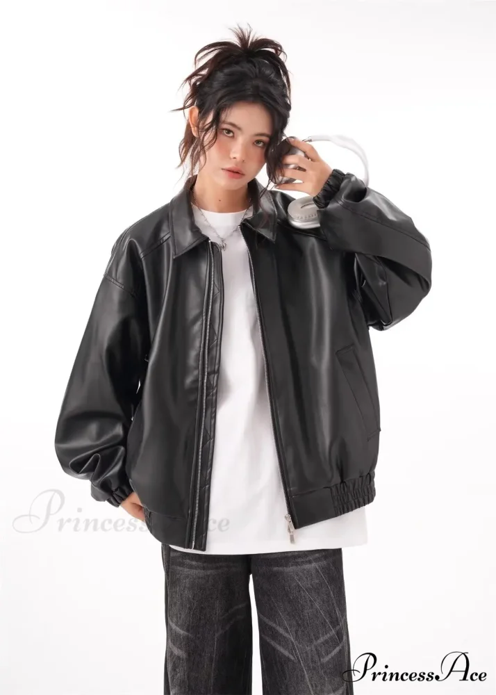 Faux PU Leather Vintage Long Sleeve Lapel Zipper Autumn Fashion Jacket - Image 7