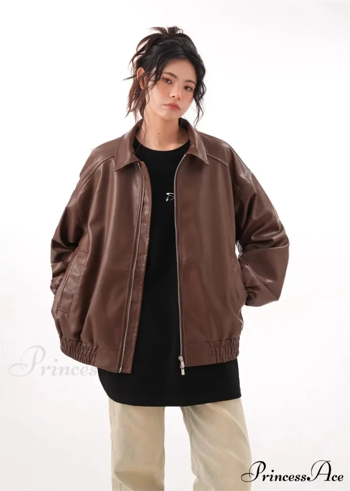 Faux PU Leather Vintage Long Sleeve Lapel Zipper Autumn Fashion Jacket - Image 8