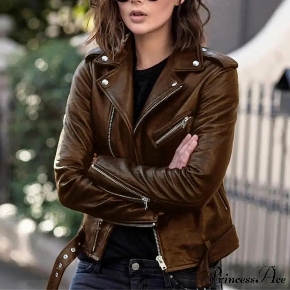 Autumn Short Solid Biker Thin Cool Faux Leather Jacket - Image 2