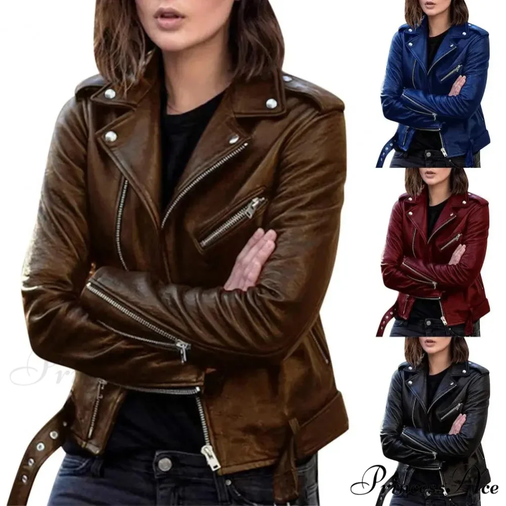 Autumn Short Solid Biker Thin Cool Faux Leather Jacket - Image 4