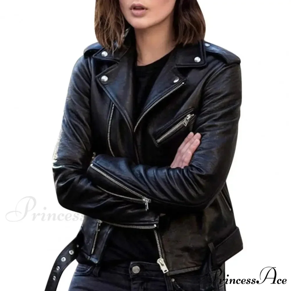 Autumn Short Solid Biker Thin Cool Faux Leather Jacket - Image 6
