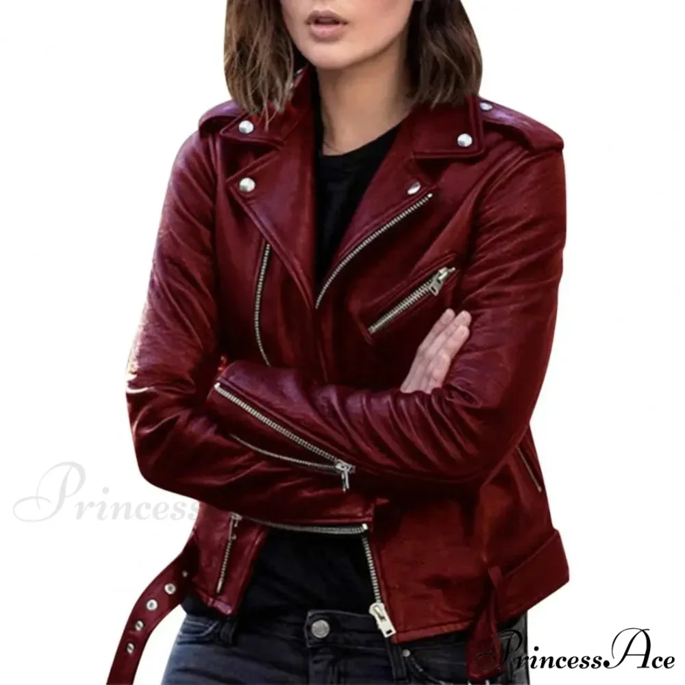 Autumn Short Solid Biker Thin Cool Faux Leather Jacket - Image 8