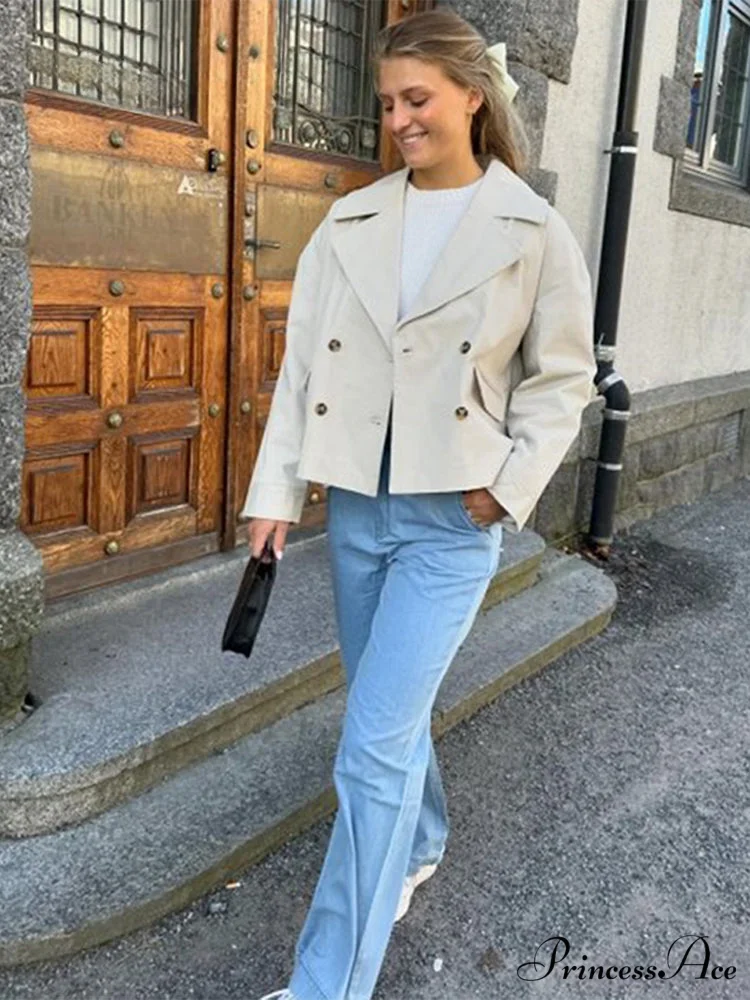 Solid Loose Contrast Double Collar Double Breasted Long Women's Windbreaker Office Lady 2024 Stylish Coat - Image 2