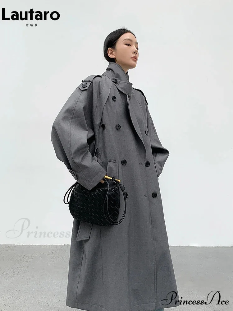 Autumn Long Grey Black Double Breasted Loose Casual Korean Fashion 2024 Stylish Coat - Image 3