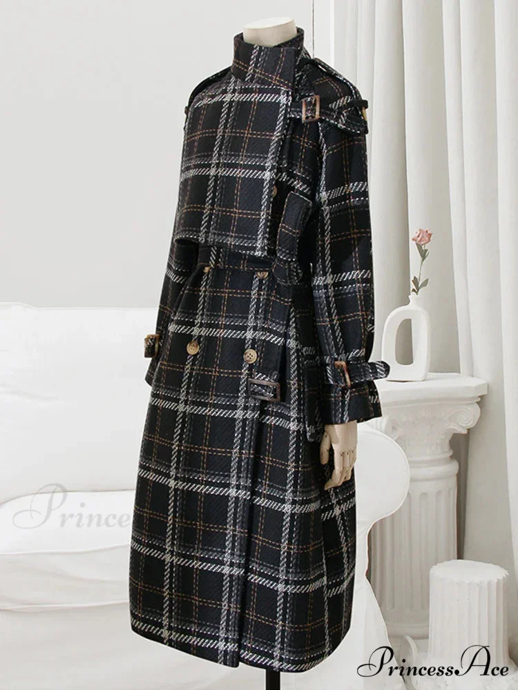 Autumn Winter Long Loose Warm Plaid Wool Blends Sleeve Belt Double Breasted Woolen Stylish Coat - Image 3
