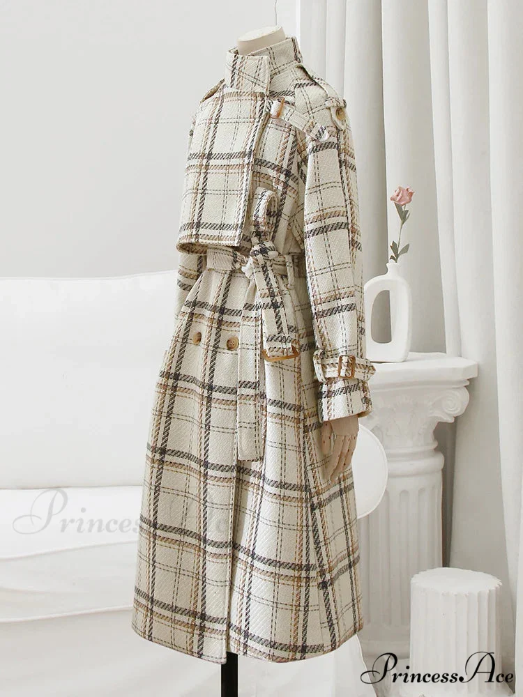 Autumn Winter Long Loose Warm Plaid Wool Blends Sleeve Belt Double Breasted Woolen Stylish Coat - Image 4