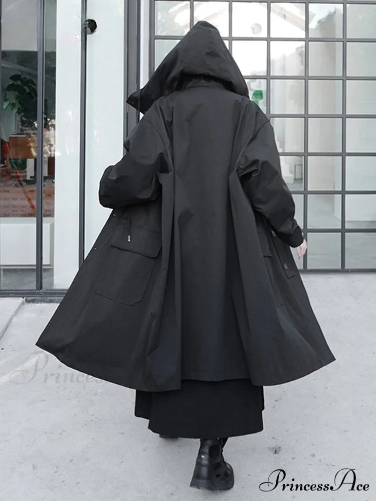 Spring Autumn Long Oversized Black Hood Dark Aesthetic Luxury Designer 2024 Stylish Coat - Image 2