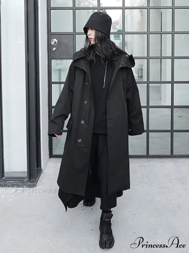Spring Autumn Long Oversized Black Hood Dark Aesthetic Luxury Designer 2024 Stylish Coat - Image 3