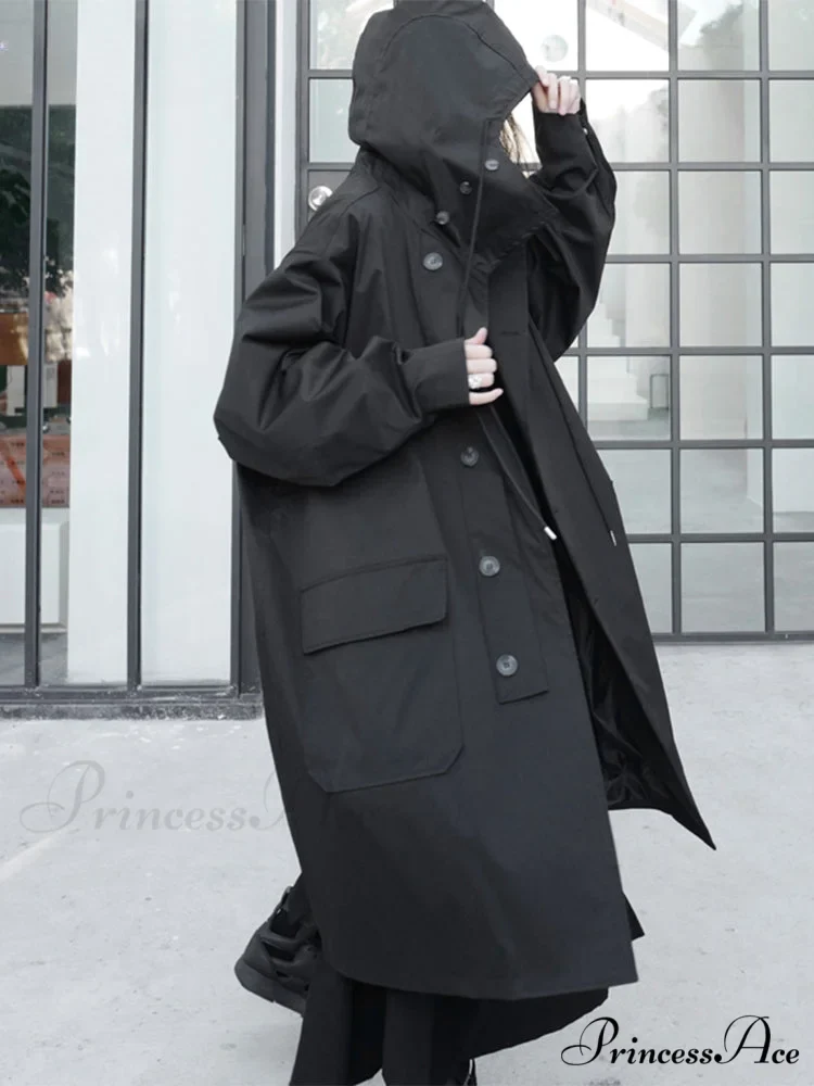 Spring Autumn Long Oversized Black Hood Dark Aesthetic Luxury Designer 2024 Stylish Coat - Image 4