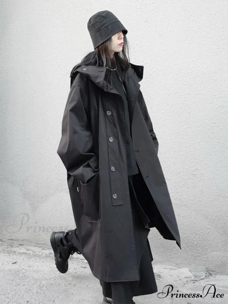 Spring Autumn Long Oversized Black Hood Dark Aesthetic Luxury Designer 2024 Stylish Coat - Image 5