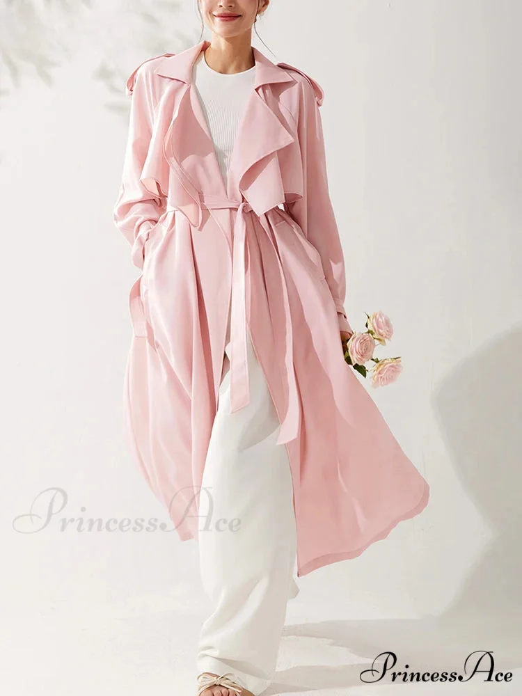 Spring Autumn Long Sweet Thin Flowy Pink Sashes High Quality Luxury Designer 2024 Stylish Coat - Image 2