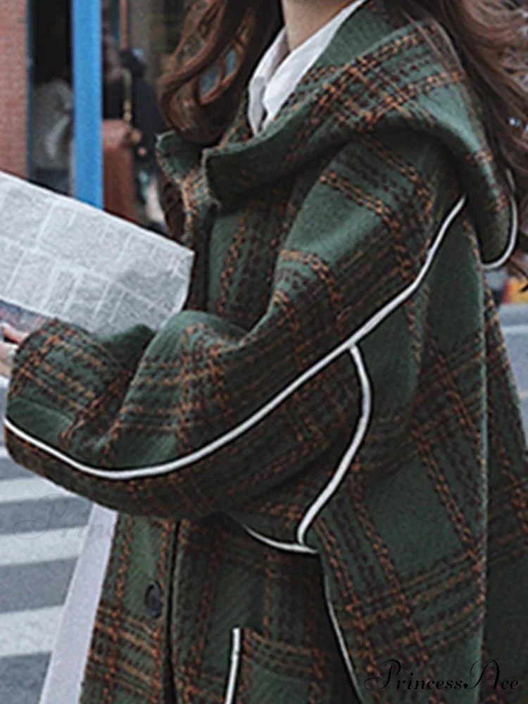 Autumn Winter Long Oversized Warm White Patchwork Wool Blends Hood Runway Korean Fashion Stylish Coat - Image 2