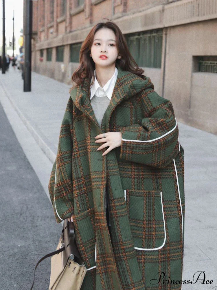 Autumn Winter Long Oversized Warm White Patchwork Wool Blends Hood Runway Korean Fashion Stylish Coat - Image 3