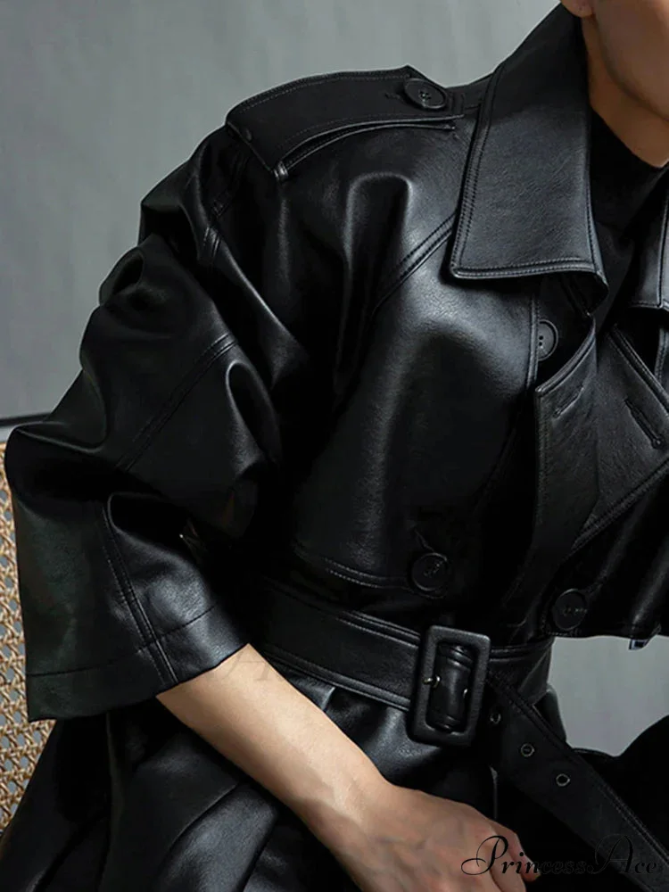 Extra Long Oversized Black Faux Leather Long Sleeve Belt Double Breasted Loose Fashion Stylish Coat - Image 2