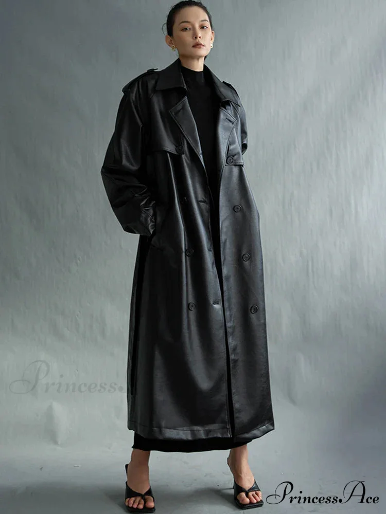 Extra Long Oversized Black Faux Leather Long Sleeve Belt Double Breasted Loose Fashion Stylish Coat - Image 3