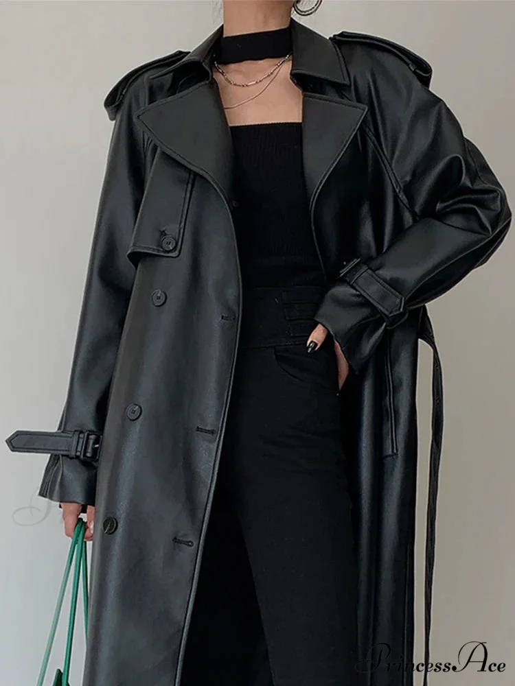 Long Gray Pu Leather Raglan Sleeve Belt Runway Luxury Designer European Fashion Stylish Coat - Image 2