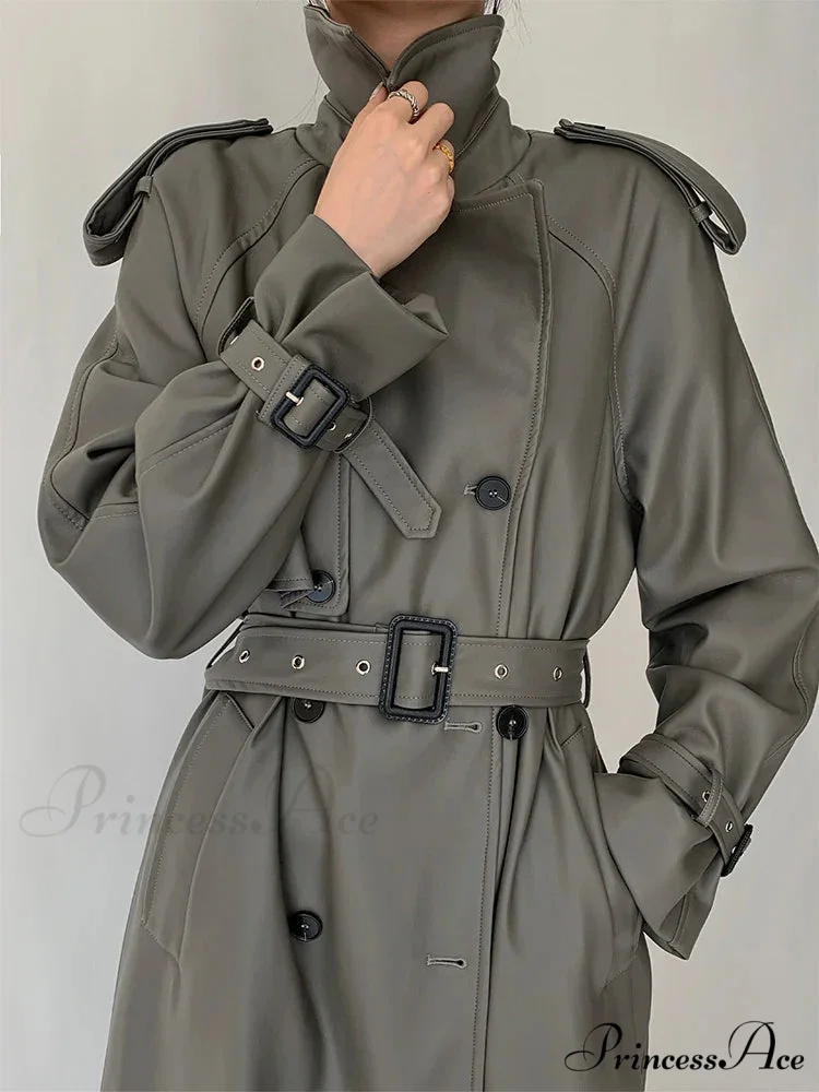 Long Gray Pu Leather Raglan Sleeve Belt Runway Luxury Designer European Fashion Stylish Coat - Image 3