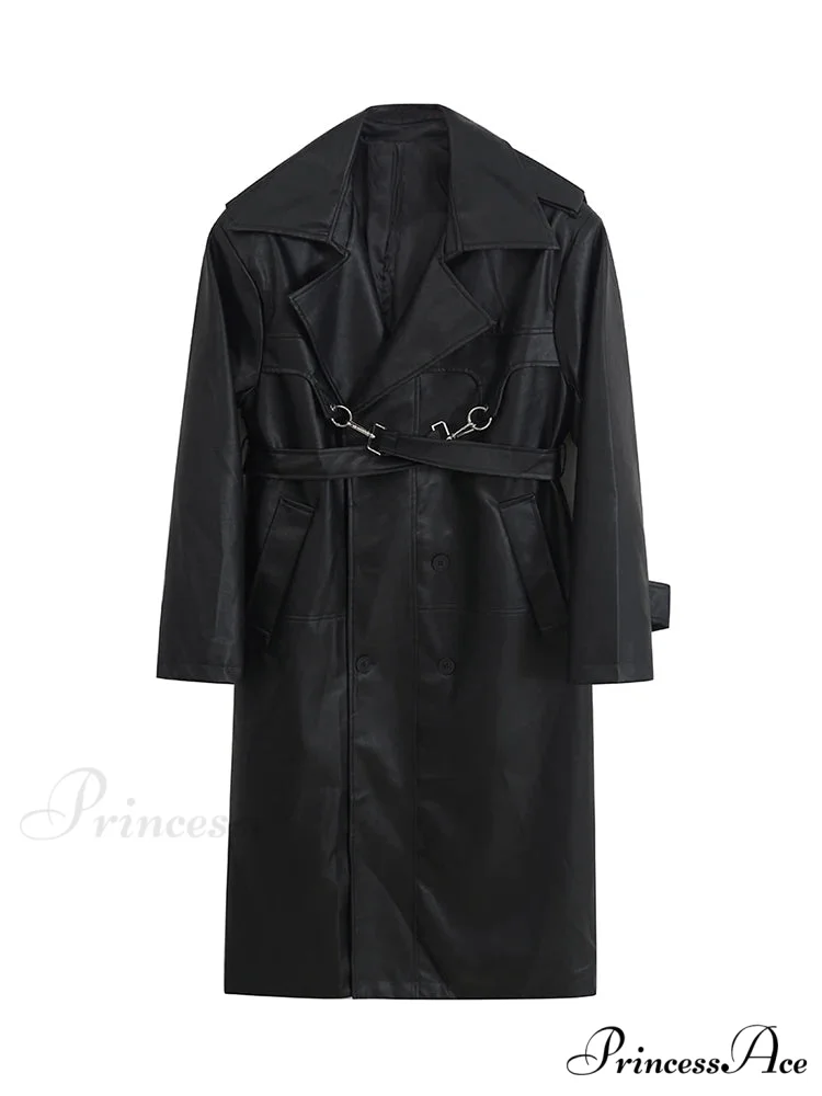 Long Oversized Black Brown Pu Leather Double Breasted Loose Luxury Designer Stylish Coat - Image 2
