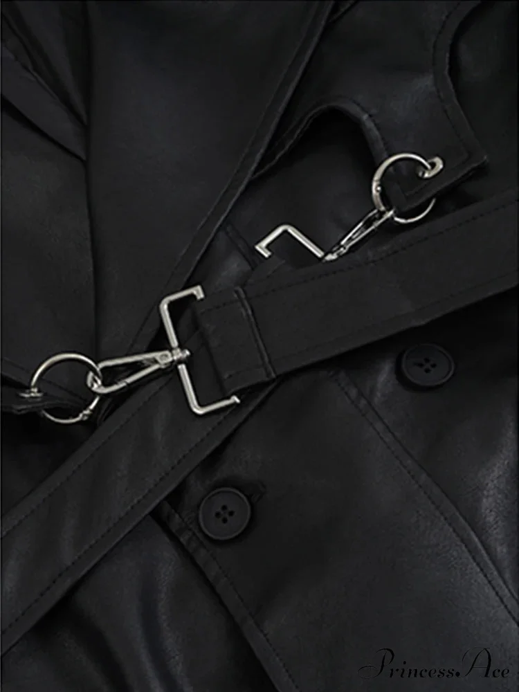Long Oversized Black Brown Pu Leather Double Breasted Loose Luxury Designer Stylish Coat - Image 3