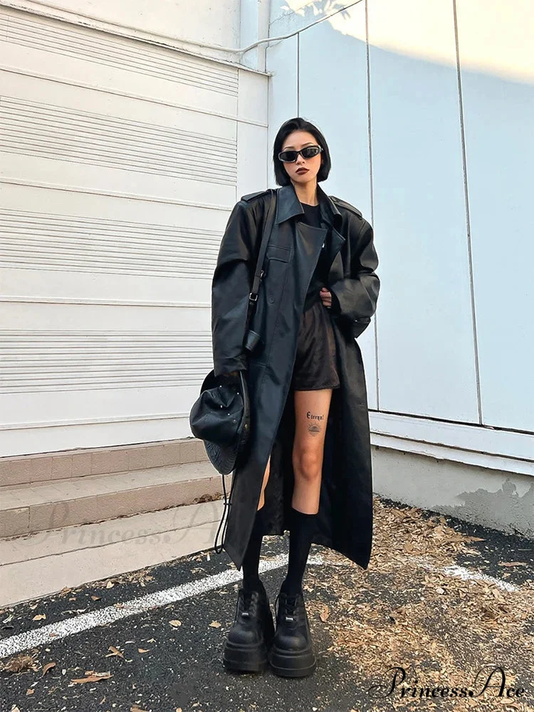 Long Oversized Black Brown Pu Leather Double Breasted Loose Luxury Designer Stylish Coat - Image 5