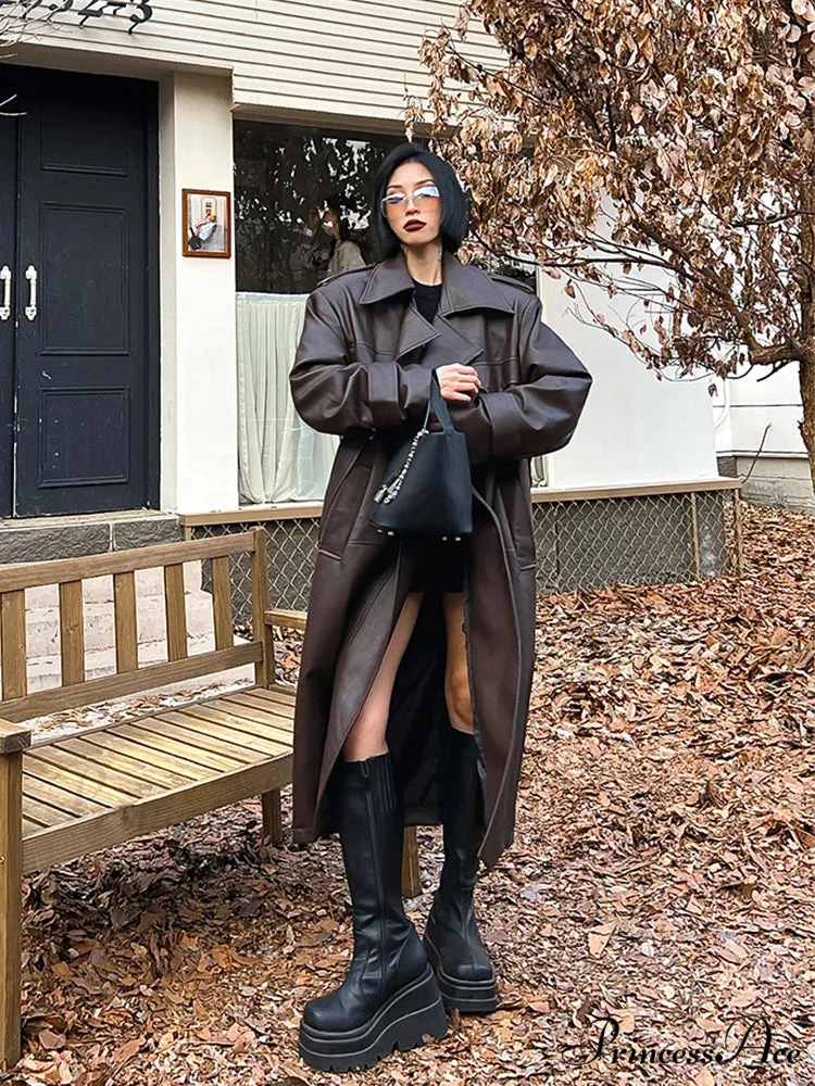 Long Oversized Black Brown Pu Leather Double Breasted Loose Luxury Designer Stylish Coat - Image 6