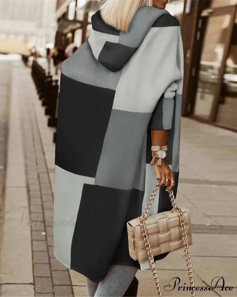 Fashion Geometric Print Long Sleeve Hooded Casual Loose Trench Stylish Coat - Image 2