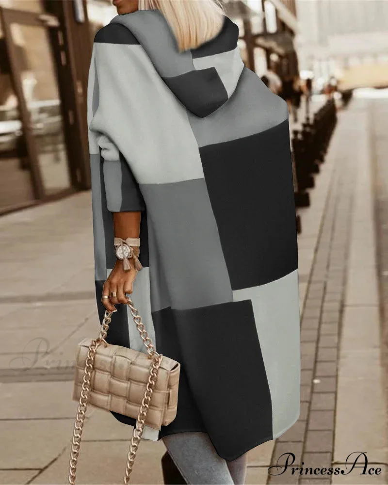 Fashion Geometric Print Long Sleeve Hooded Casual Loose Trench Stylish Coat - Image 3