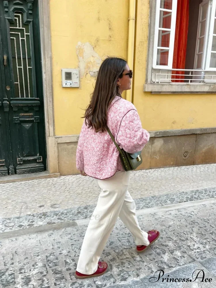 Pink Print Flower Patchwork Warm Cotton O Neck Button Loose 2024 Winter Fashion Street Stylish Coat - Image 5