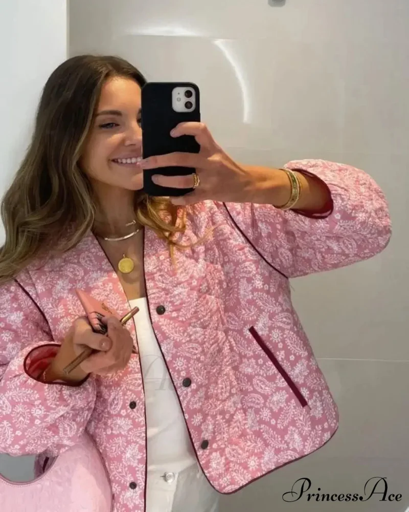 Pink Print Flower Patchwork Warm Cotton O Neck Button Loose 2024 Winter Fashion Street Stylish Coat - Image 6