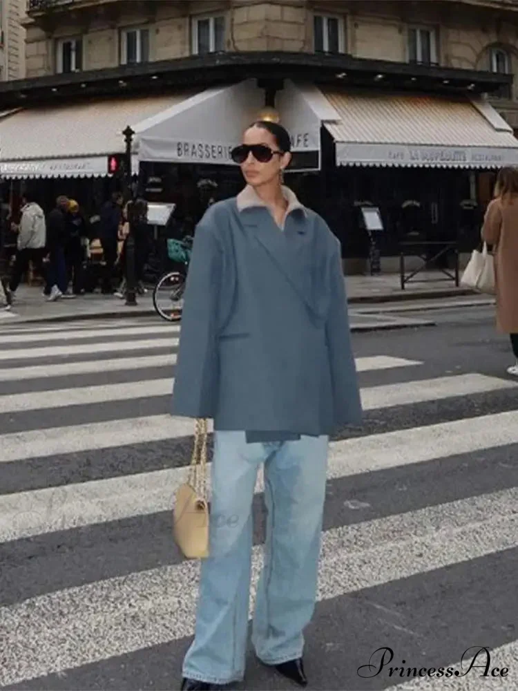 Gray Lapel Buttoned Elegant Loose Long Sleeves New Fashionable Stylish Coat - Image 2