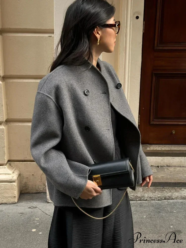 Elegant Warm Solid Woolen Cropped Stand Collar Double Breasted Long Sleeves Stylish Coat - Image 2