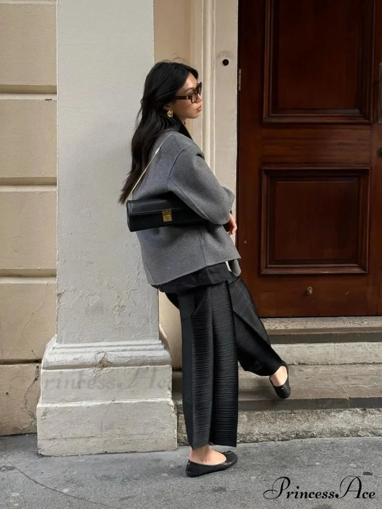 Elegant Warm Solid Woolen Cropped Stand Collar Double Breasted Long Sleeves Stylish Coat - Image 3