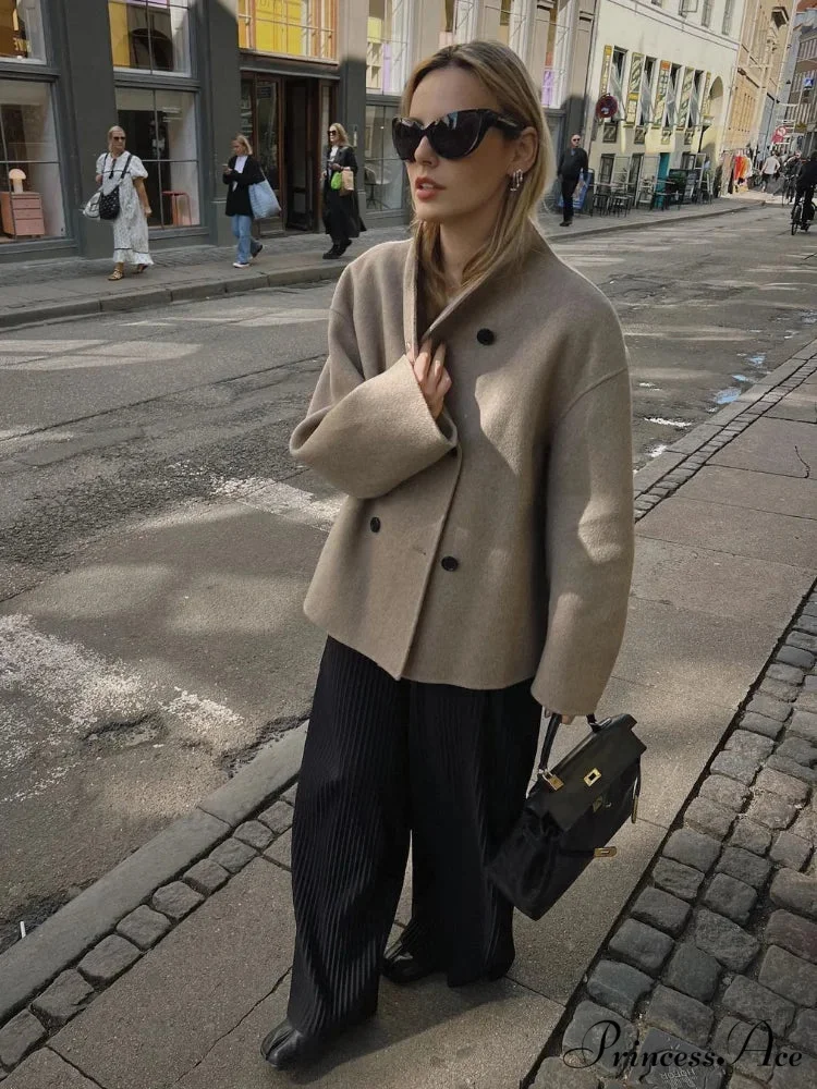 Elegant Warm Solid Woolen Cropped Stand Collar Double Breasted Long Sleeves Stylish Coat - Image 4