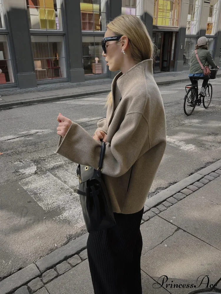 Elegant Warm Solid Woolen Cropped Stand Collar Double Breasted Long Sleeves Stylish Coat - Image 5