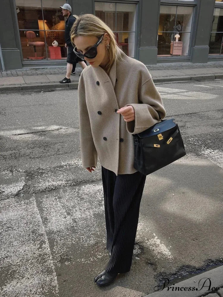 Elegant Warm Solid Woolen Cropped Stand Collar Double Breasted Long Sleeves Stylish Coat - Image 6