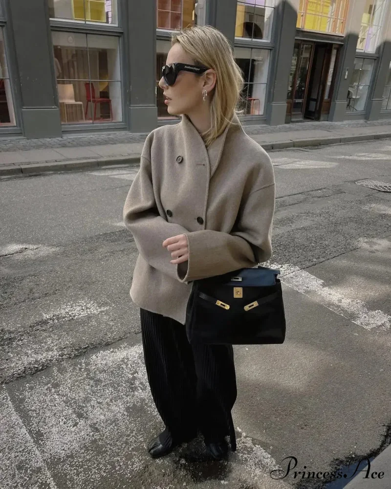 Elegant Warm Solid Woolen Cropped Stand Collar Double Breasted Long Sleeves Stylish Coat - Image 7
