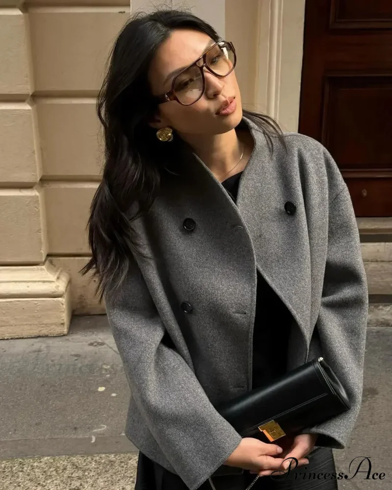 Elegant Warm Solid Woolen Cropped Stand Collar Double Breasted Long Sleeves Stylish Coat - Image 8