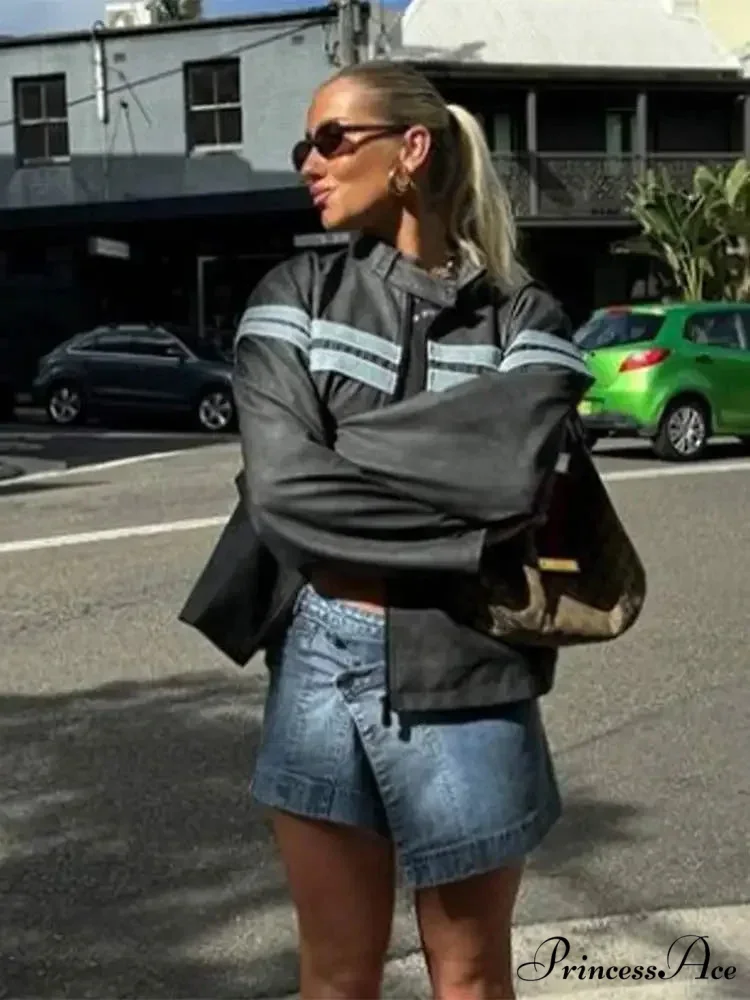 Contrasting Zippered O Neck Long Sleeves Casual Loose Autumn Warm Stylish Coat