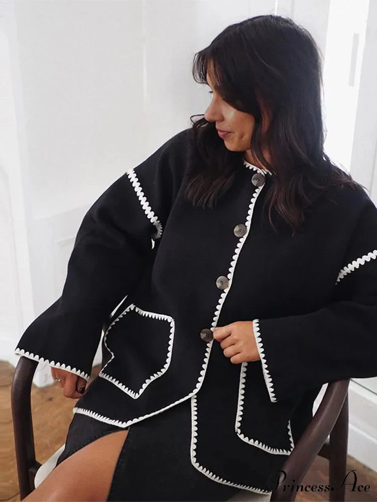 Contrast O Neck Loose Elegant Long Sleeves Winter New Stylish Fashionable Coat - Image 2