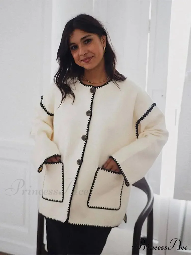 Contrast O Neck Loose Elegant Long Sleeves Winter New Stylish Fashionable Coat - Image 4