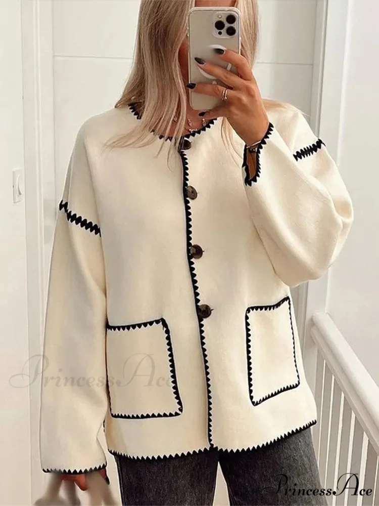 Contrast O Neck Loose Elegant Long Sleeves Winter New Stylish Fashionable Coat - Image 5