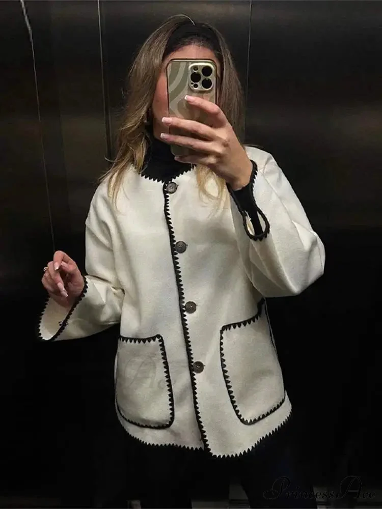 Contrast O Neck Loose Elegant Long Sleeves Winter New Stylish Fashionable Coat - Image 7