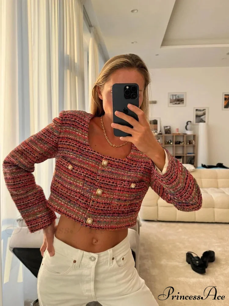Knitted Buttoned Pocketed Square Neck Long Sleeved Short Autumn Casual Stylish Coat - Image 2
