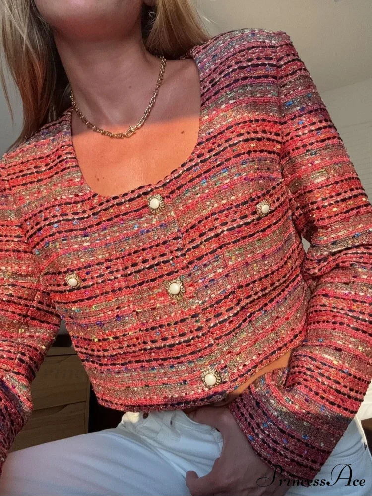Knitted Buttoned Pocketed Square Neck Long Sleeved Short Autumn Casual Stylish Coat - Image 3
